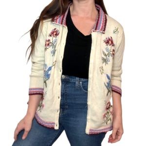 VINTAGE Cottagecore Grannycore Cream Knit Floral Embroidered Cardigan Sweater XL